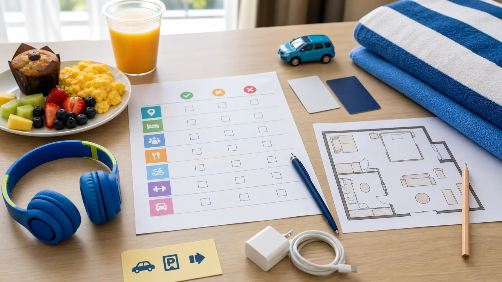 A family hotel booking checklist with room layout, breakfast, parking, transport, pool, and sensory planning symbols.