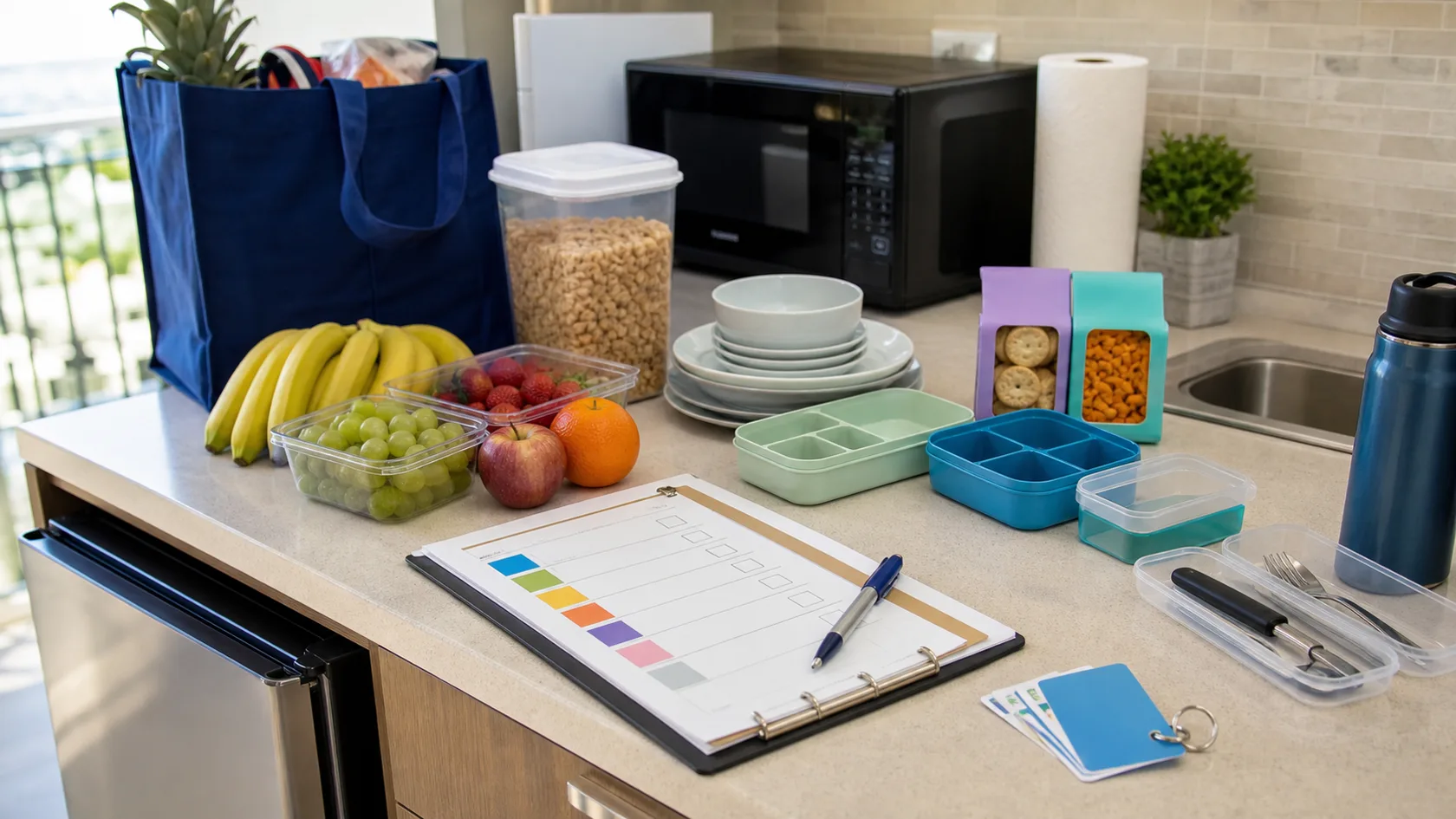 A hotel kitchenette checklist with fruit, snack containers, plates, travel utensils, water bottle, and room key cards.