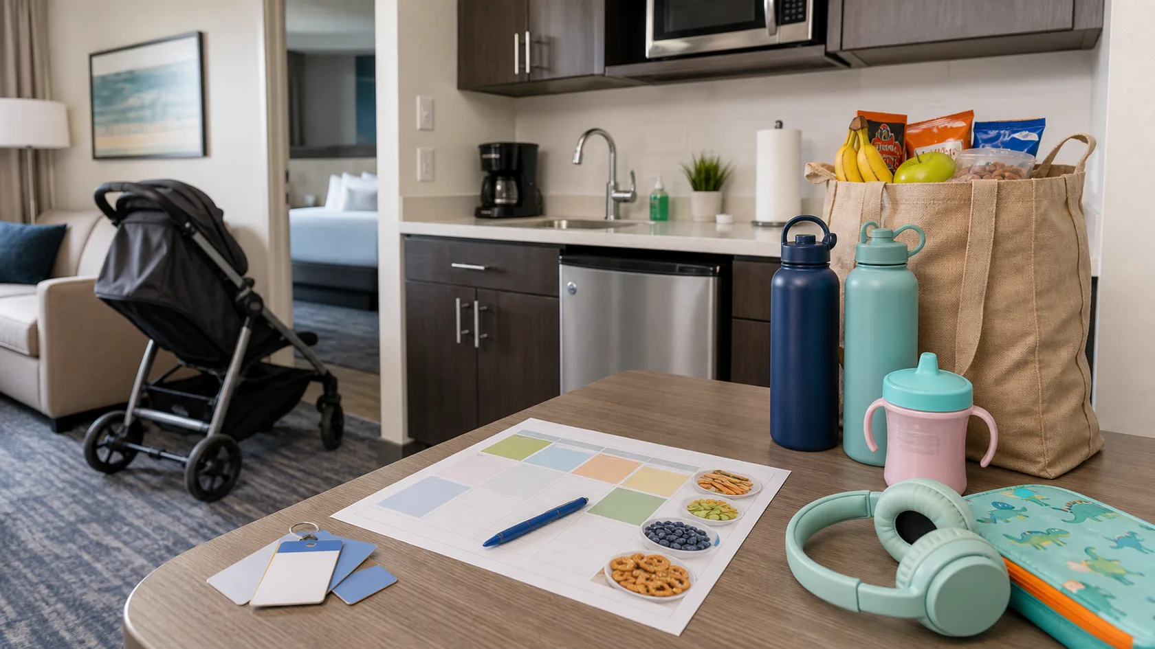 An Orlando hotel kitchenette planning scene with groceries, toddler cup, water bottles, snacks, stroller, headphones, and meal planning notes.