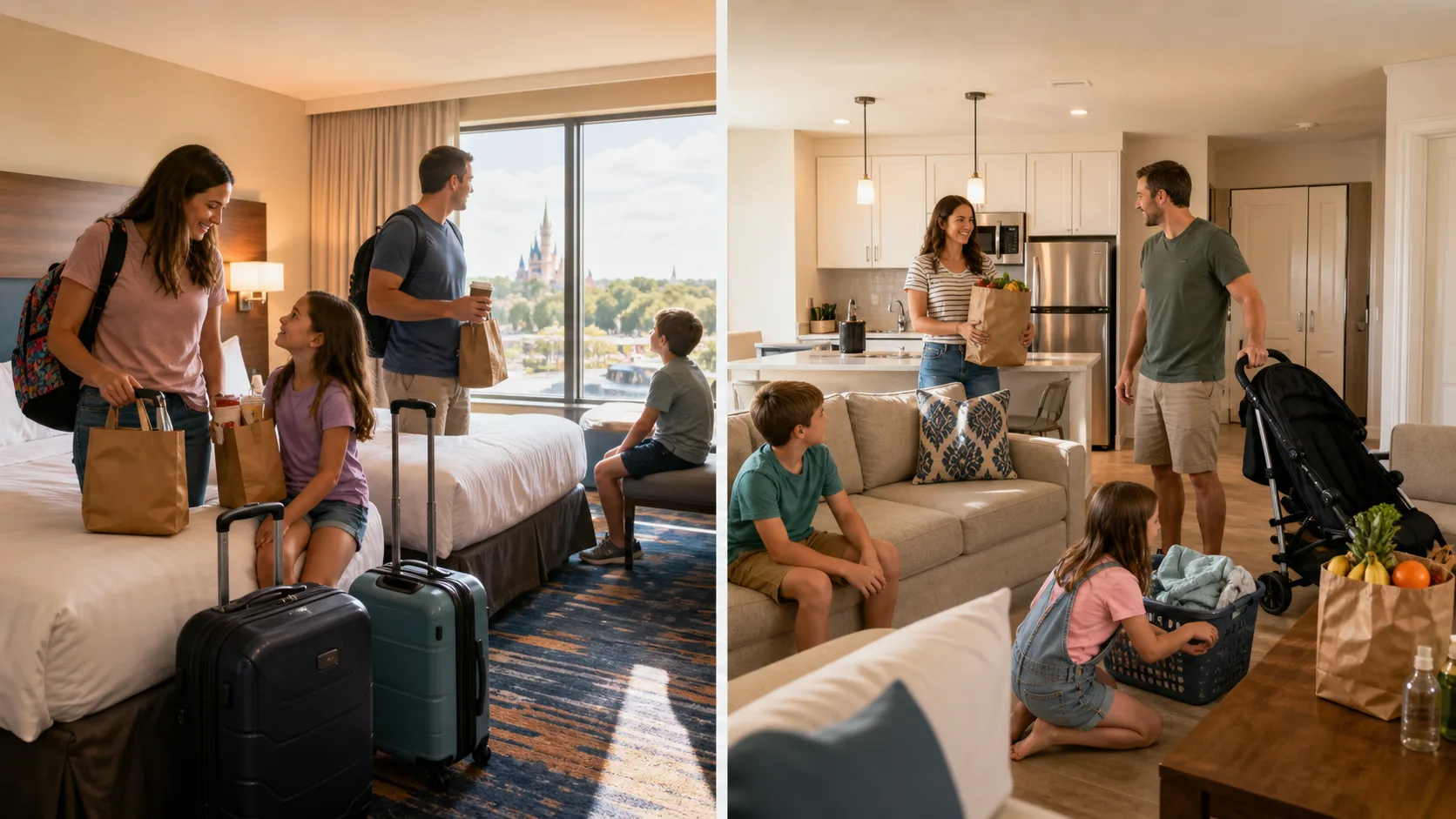 Family comparing hotel and vacation rental options for an Orlando trip.