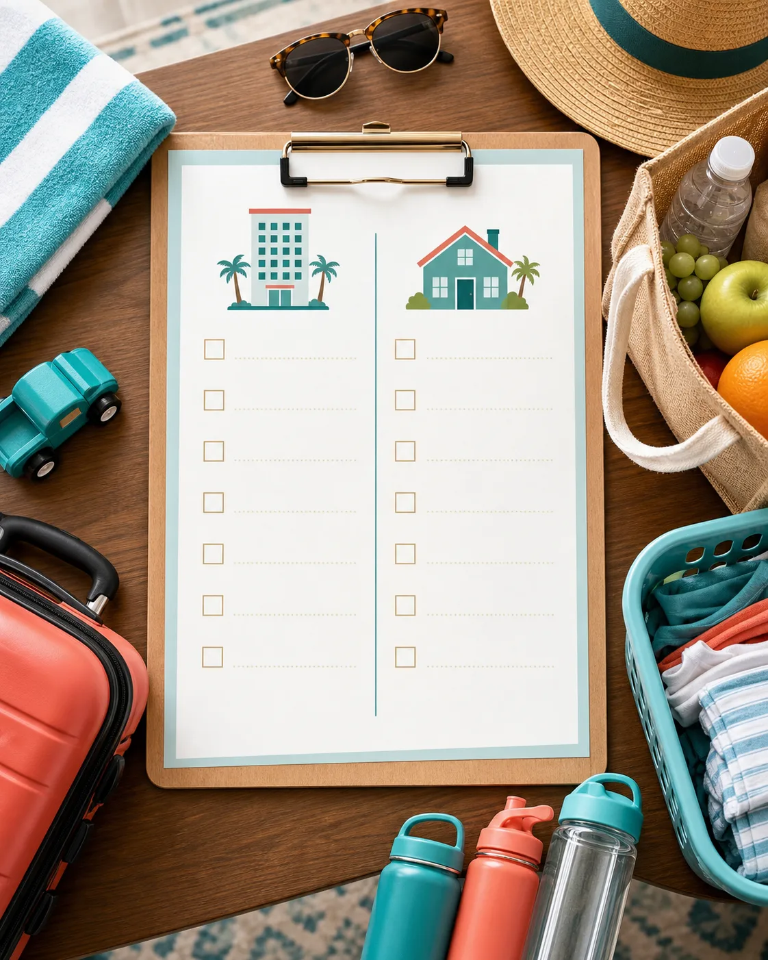 A family comparing hotel and vacation rental costs, room layout, fees, and logistics.