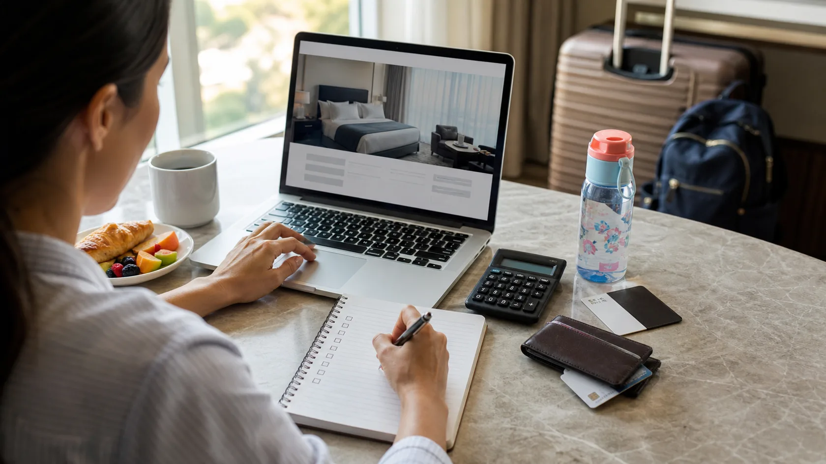 A parent reviewing a hotel booking on a laptop with a calculator, checklist, wallet, luggage, breakfast plate, and child water bottle nearby.