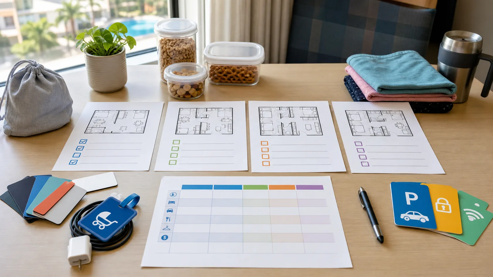 A hotel suite comparison checklist with room layouts, parking, stroller, laundry, snacks, and family travel planning items.