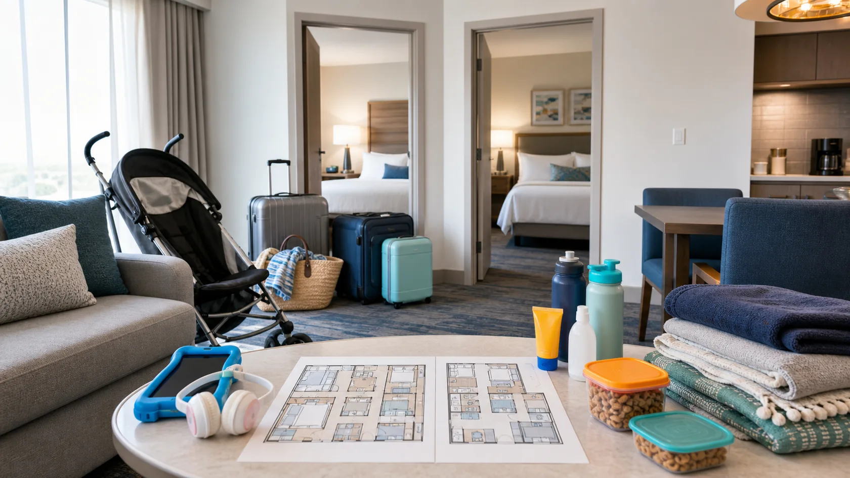 A spacious Orlando suite planning scene with separate bedroom doors, stroller, luggage, kids headphones, snacks, water bottles, and room layout notes.