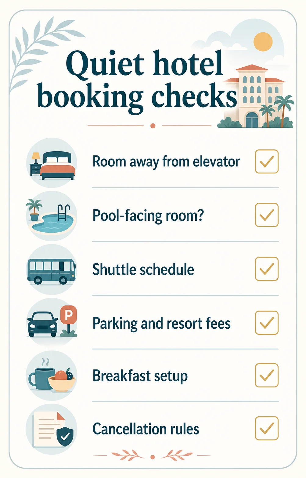 Checklist graphic for quiet hotel booking checks including room location, pool-facing rooms, shuttle schedule, fees, breakfast, and cancellation rules.