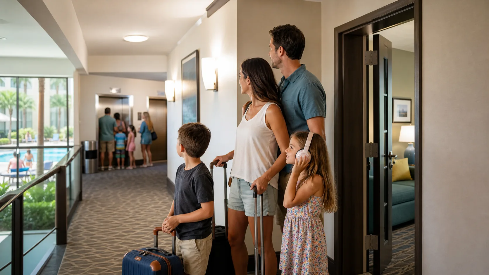 Family checking hotel room location and quiet areas before booking.