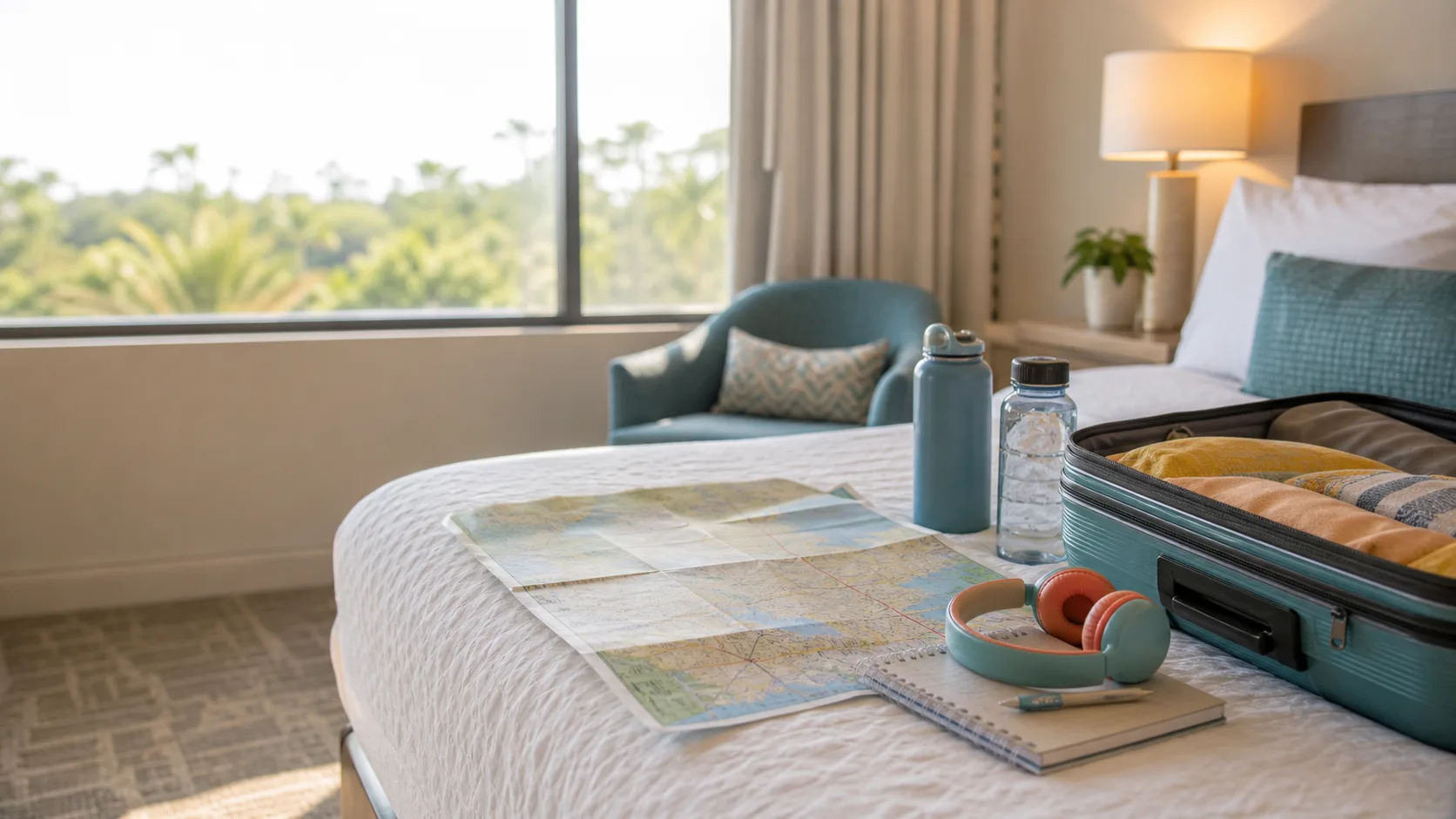 A calm hotel room planning scene with a suitcase, water bottles, headphones, notebook, and map.