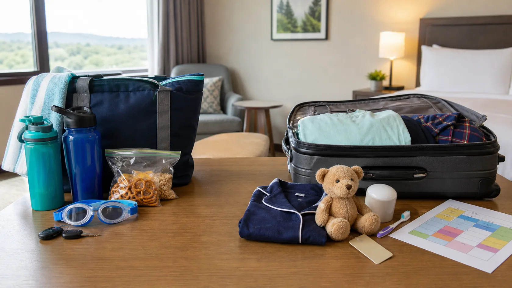 A family packing table split between day-visit swim gear and overnight bags for a Great Wolf Lodge-style water park trip.