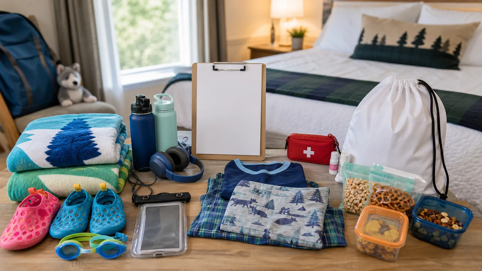 Swim towels, goggles, water shoes, headphones, snacks, pajamas, laundry bag, and a blank packing checklist on a hotel room table.