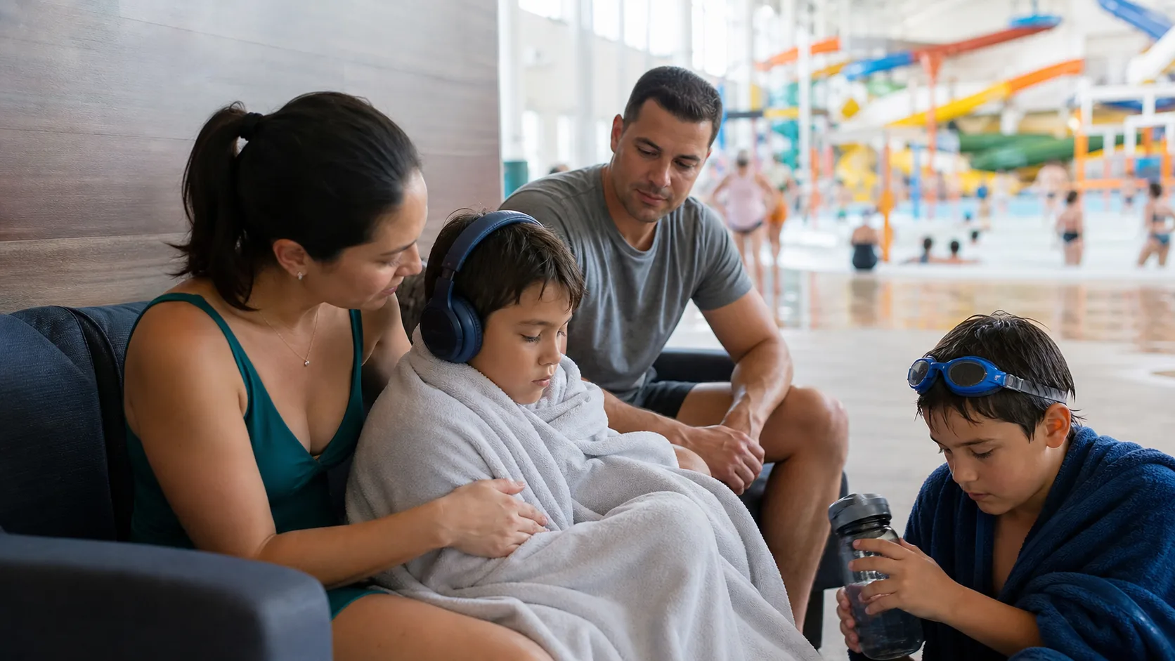 A sensory-sensitive child wearing headphones and a towel taking a quiet break with family away from a busy indoor water park.