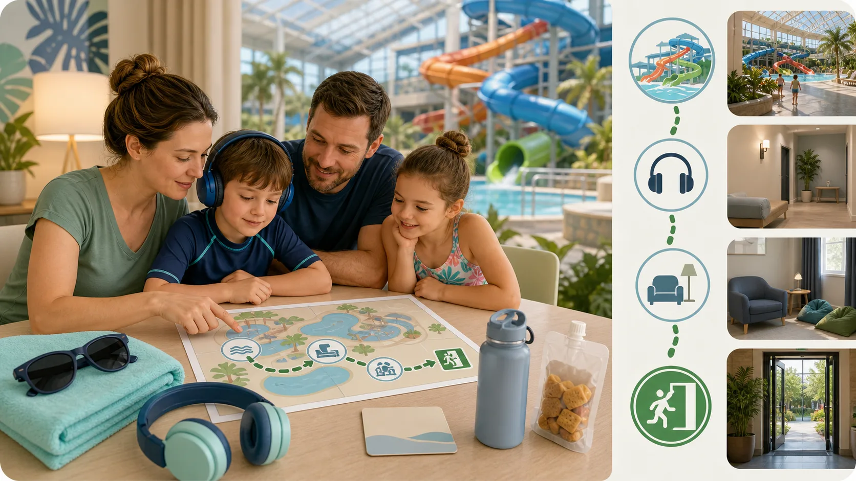 A family planning a sensory-aware indoor water park resort visit with headphones, sunglasses, snacks, water, a map, quiet room icons, and an exit path.