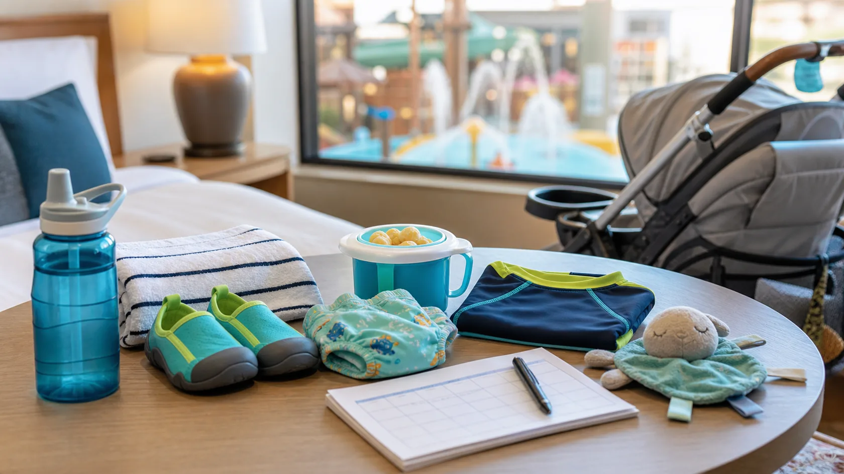 Toddler swim shoes, swim diapers, snacks, water bottle, comfort toy, stroller, and a blank nap schedule on a hotel room table.