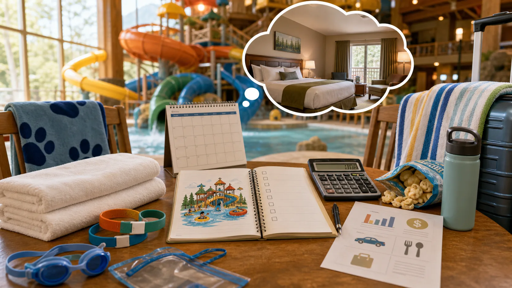 A family water park resort planning table with towels, goggles, a calendar, a calculator, snacks, and a quiet hotel room comparison.