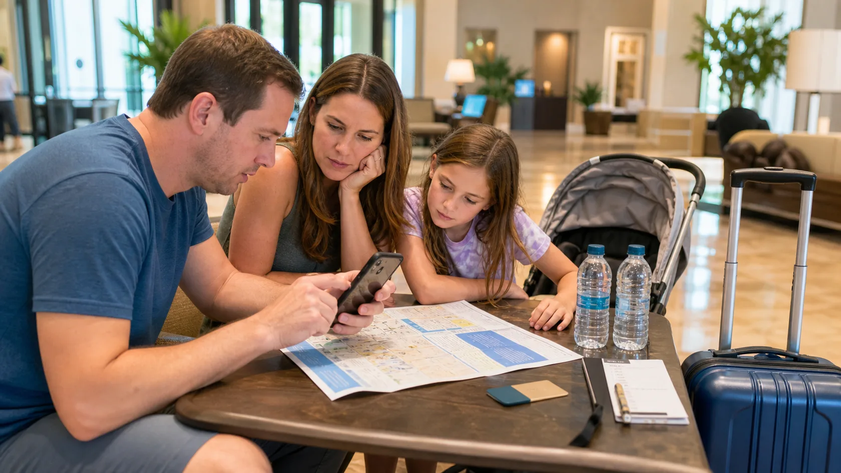 A family in an Orlando hotel lobby comparing a phone map and printed transport notes beside luggage, a stroller, and water bottles.