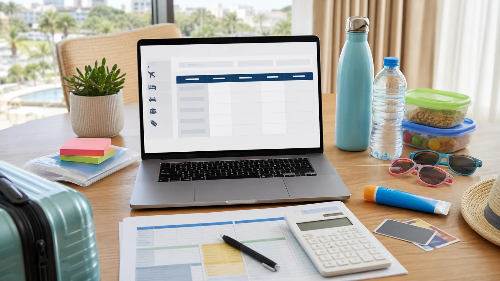 An Orlando family vacation deal comparison table with a laptop, calculator, budget worksheet, water bottles, snacks, sunglasses, sunscreen, and small suitcase.