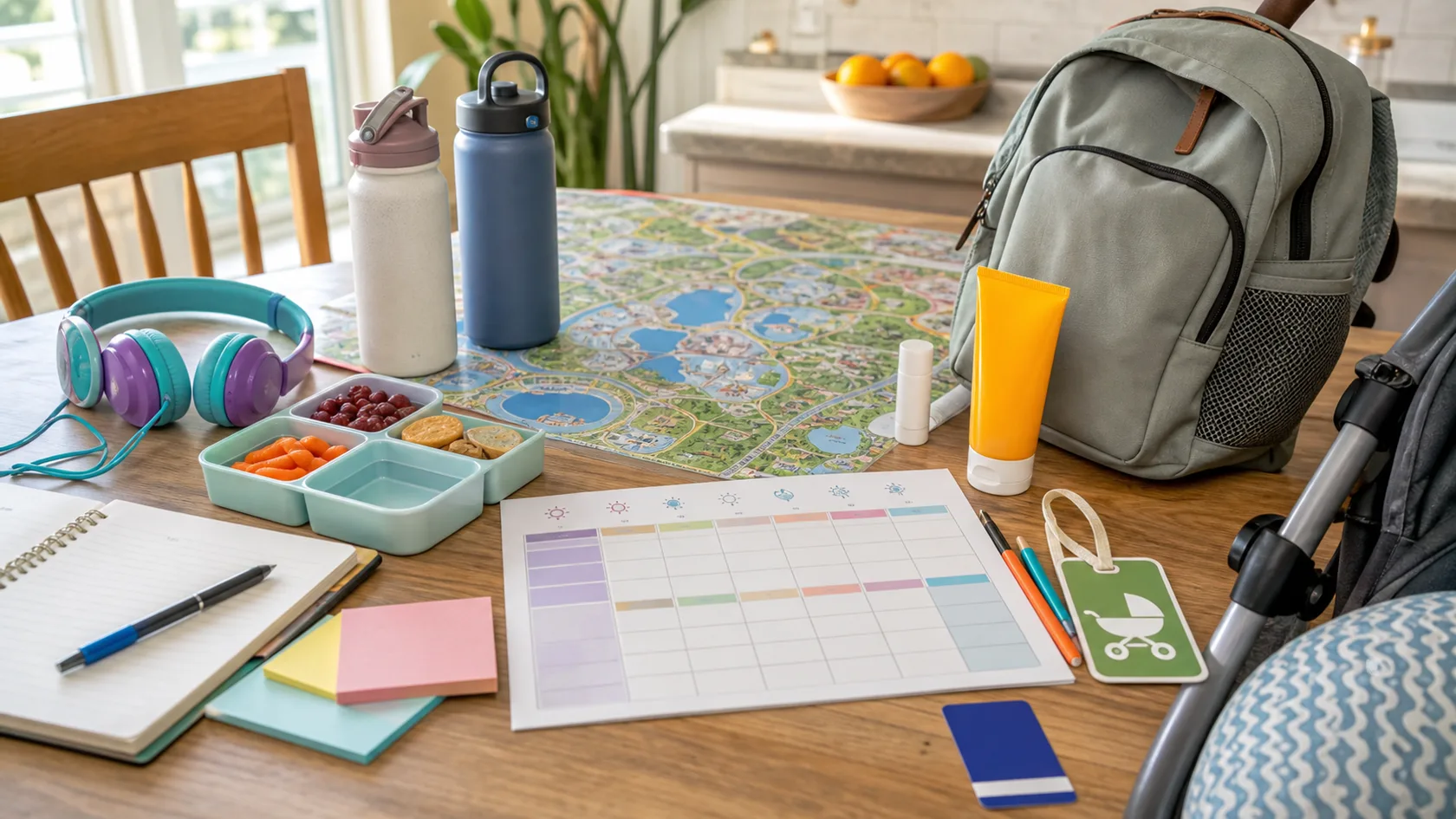 A practical Orlando family vacation planning desk with hotel notes, water bottles, kids headphones, snacks, stroller tag, backpack, and itinerary.