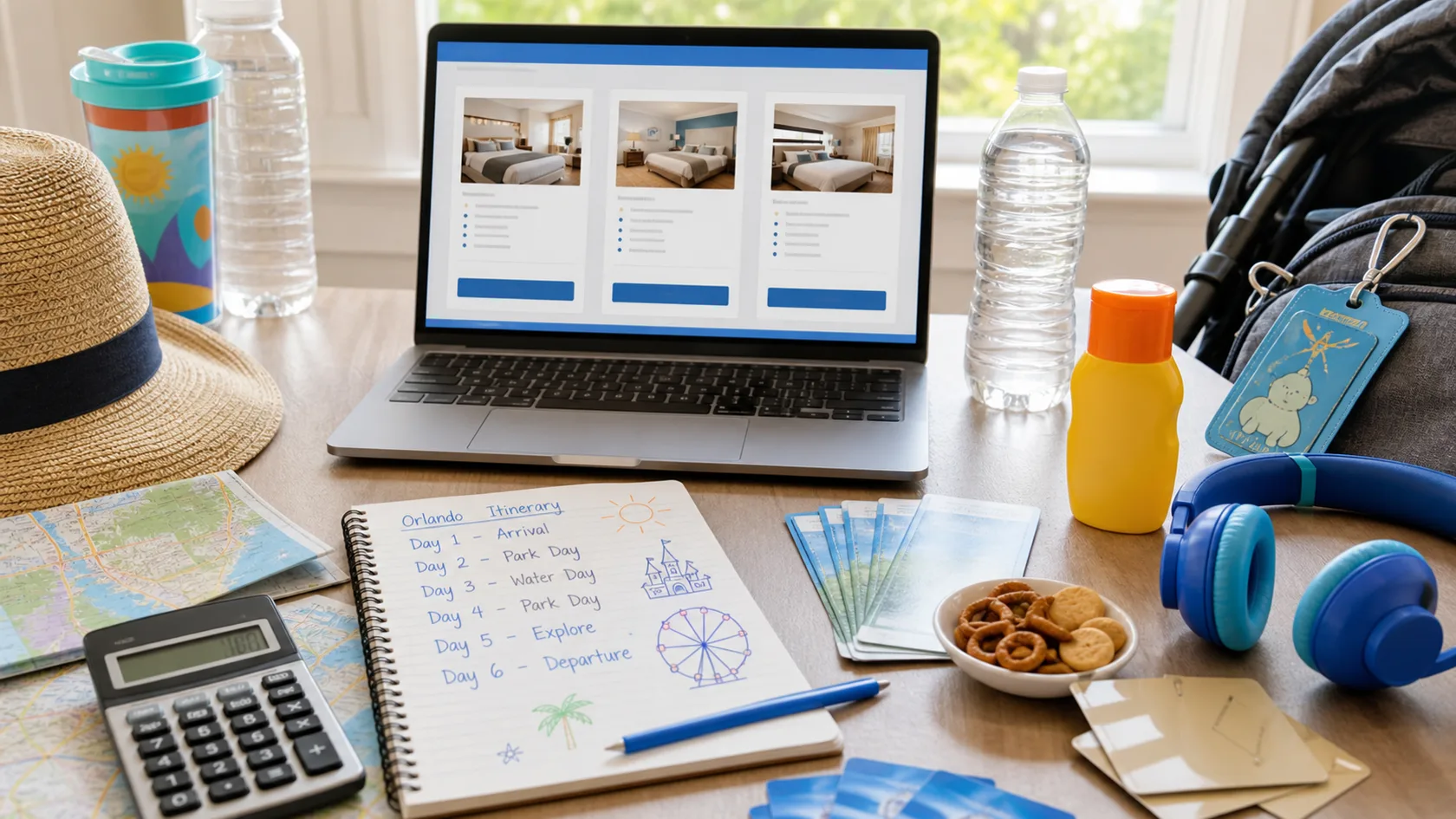 An Orlando family vacation package planning table with a laptop hotel comparison, itinerary notes, calculator, snacks, water bottles, kids headphones, sunscreen, and room key cards.