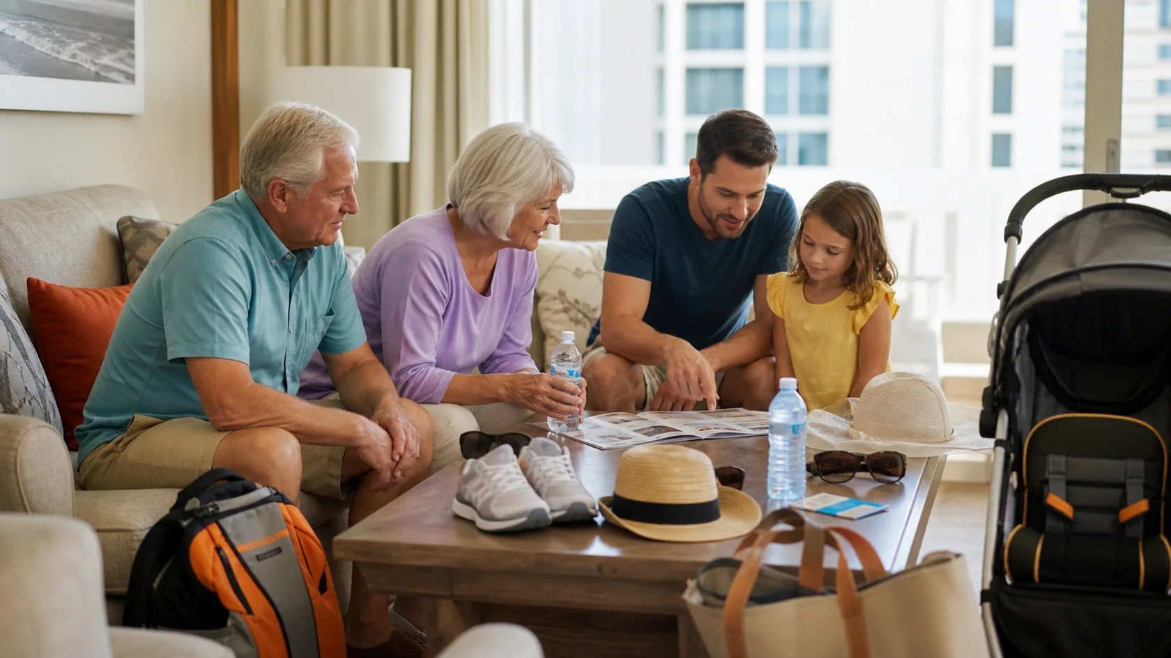 A multigenerational family planning an Orlando day in a hotel suite with grandparents, a parent, a child, walking shoes, hats, water bottles, and stroller gear.