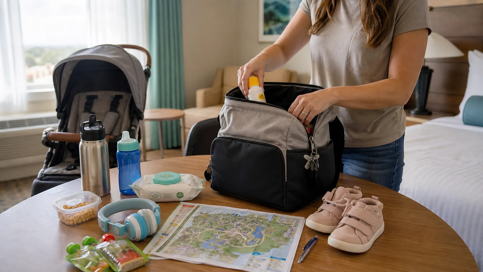 A parent packing a toddler park bag in an Orlando hotel room with a stroller, snacks, water bottles, headphones, sunscreen, and toddler shoes nearby.