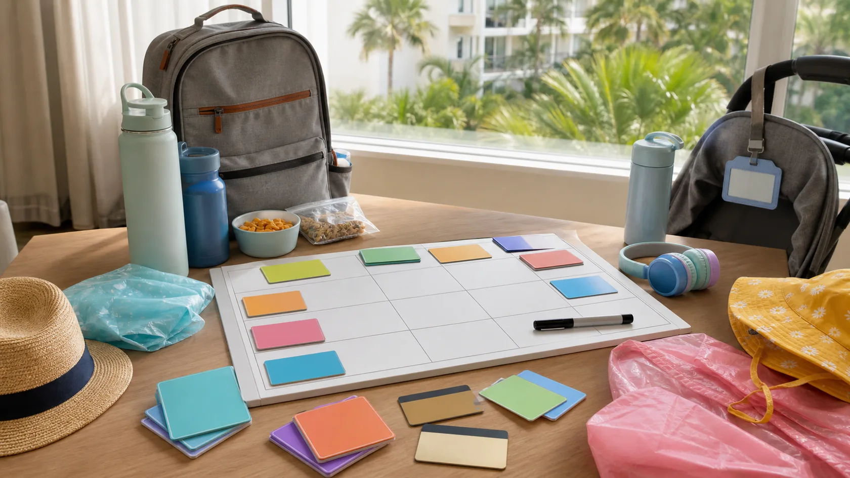 An Orlando family activity planning table with a blank itinerary board, colorful cards, backpacks, water bottles, headphones, rain ponchos, sun hats, and hotel key cards.