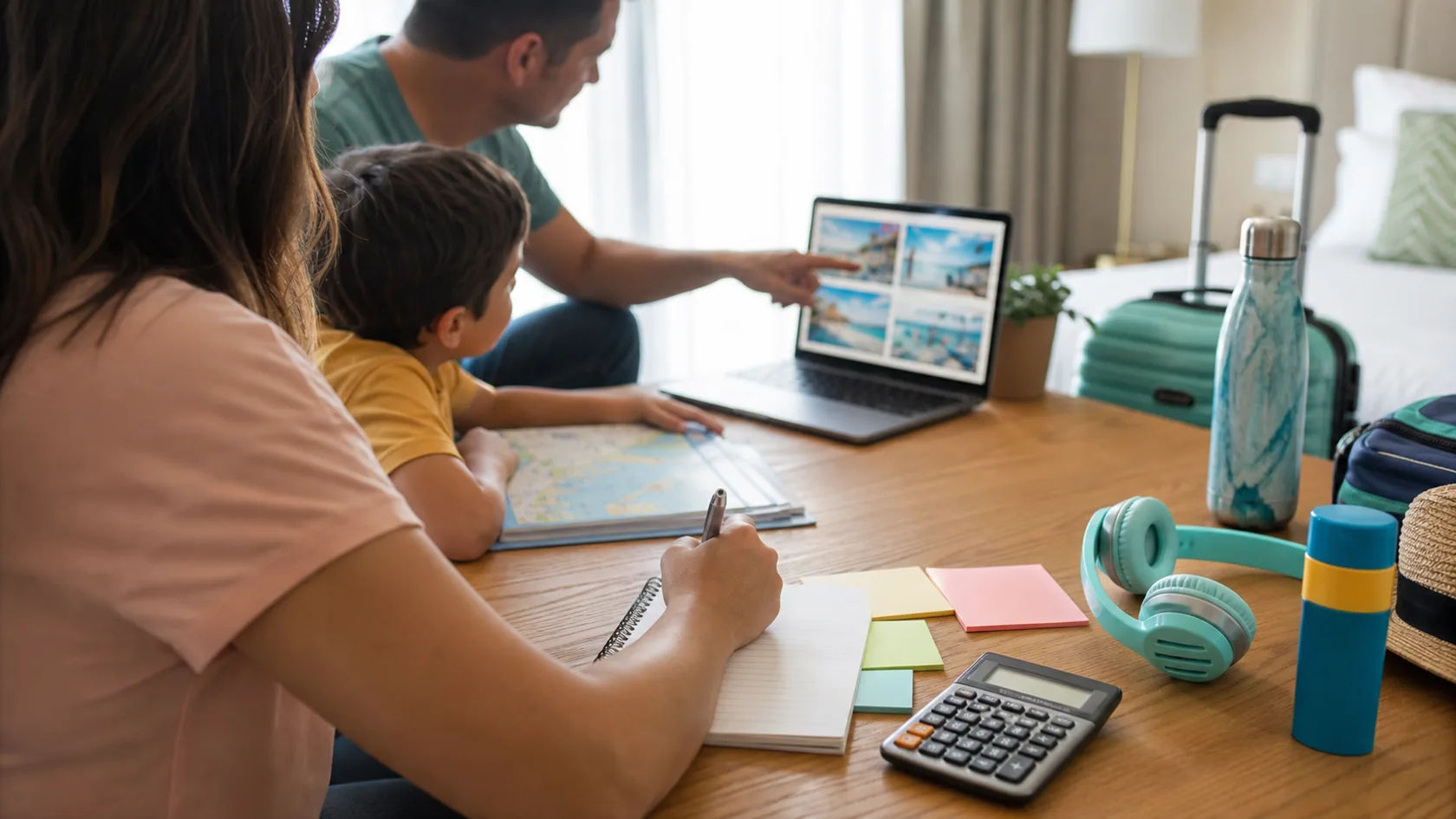 A family budget planning scene with notes, calculator, tickets, snacks, and Orlando trip categories.