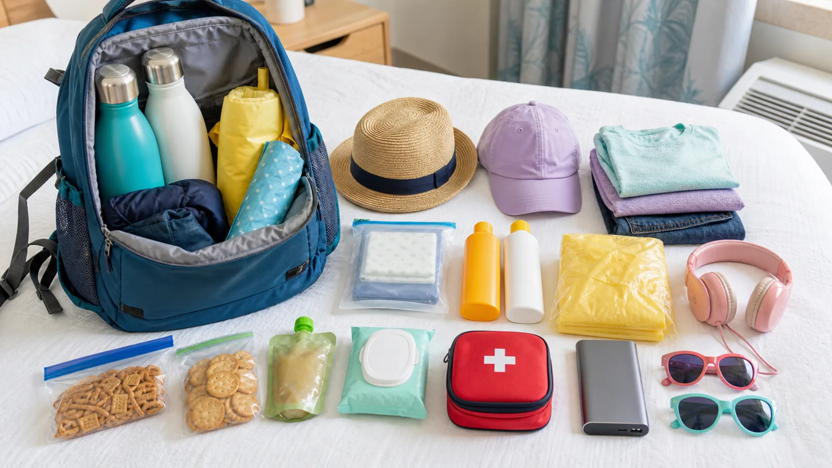 An organized Orlando park day backpack with water bottles, sunscreen, hats, ponchos, snacks, wipes, headphones, spare clothes, and a portable charger.