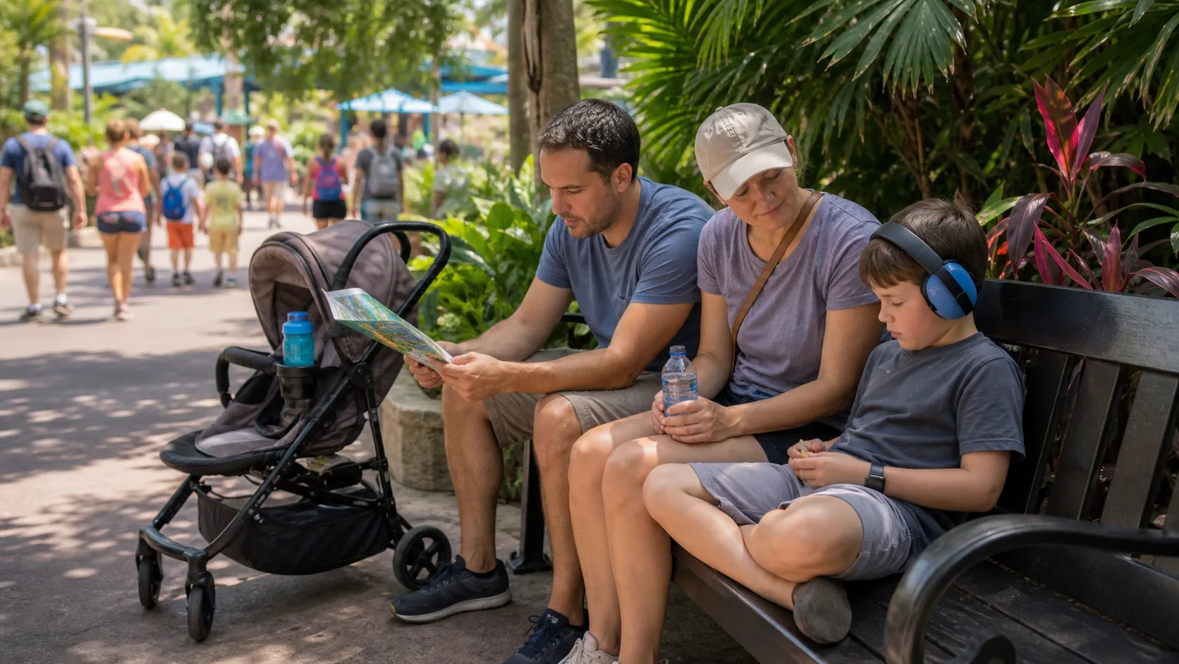 Family taking a low-stimulation break during an Orlando theme park day.