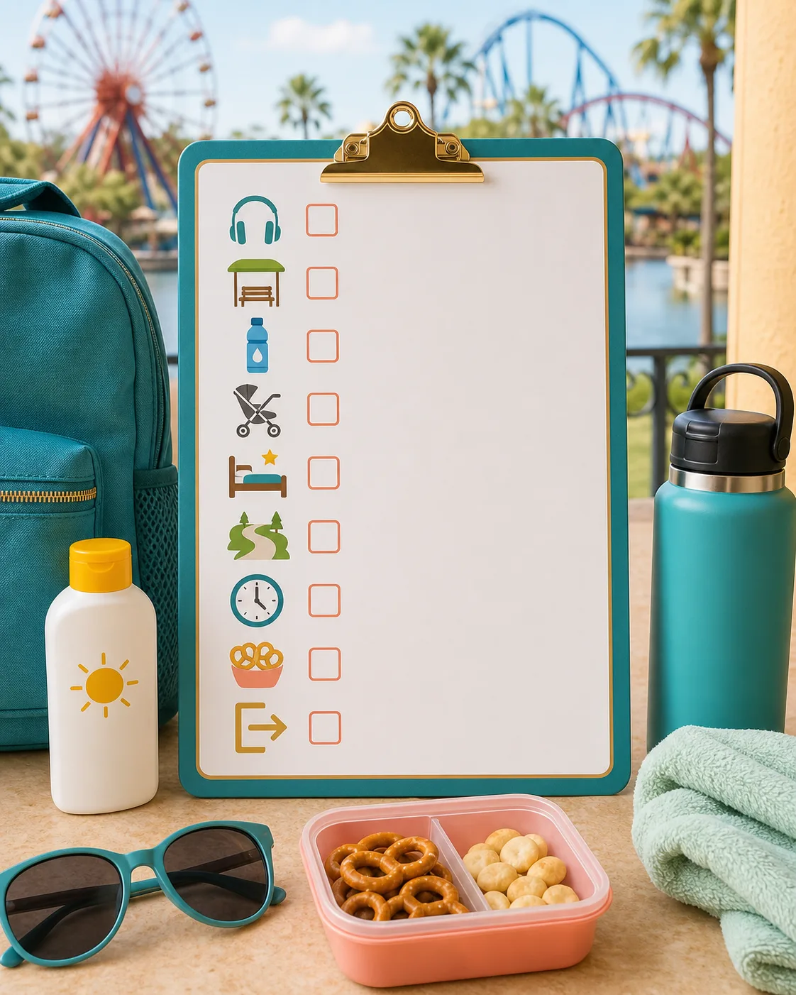 A sensory-aware Orlando planning checklist with headphones, snacks, water, and quiet break notes.