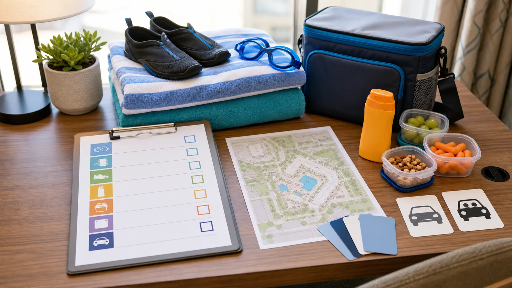 A Discovery Cove hotel comparison checklist with swim towels, water shoes, goggles, cooler bag, snacks, sunscreen, and parking icons.