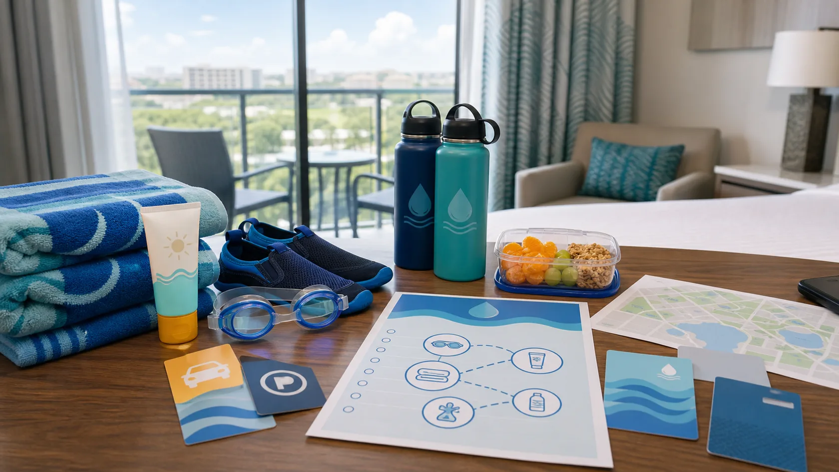 A hotel room planning scene for a Discovery Cove family day with swim towels, water shoes, goggles, snacks, water bottles, hotel key cards, and a simple area map.