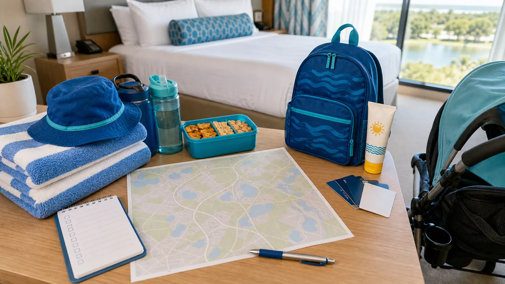 A SeaWorld-area hotel planning scene with a hotel room desk, blue travel backpack, stroller, towels, snacks, water bottles, room key cards, and a simplified map.