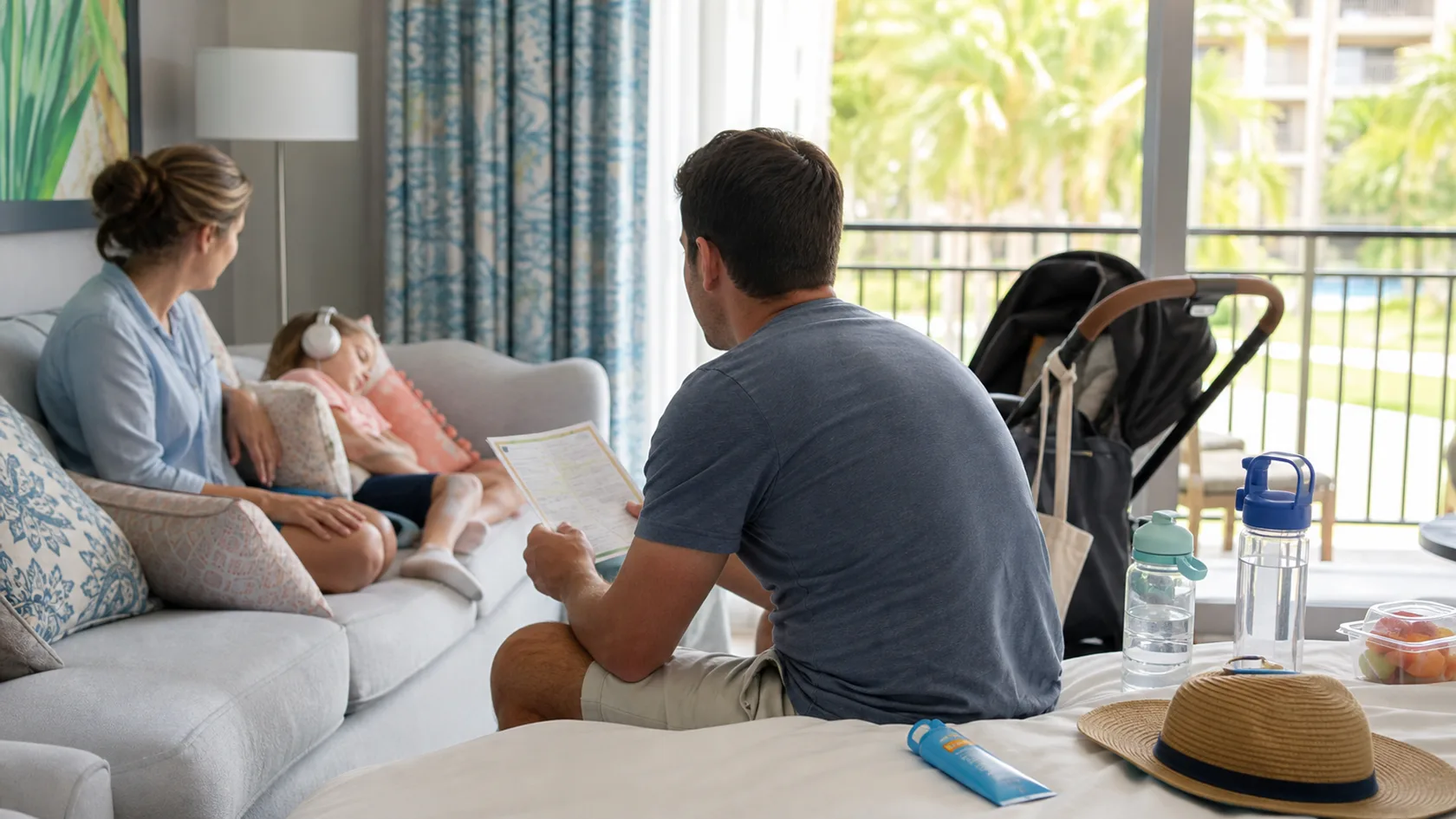 A family taking a quiet midday hotel break with a child resting, headphones nearby, a stroller, water bottles, sunscreen, and a simple schedule.