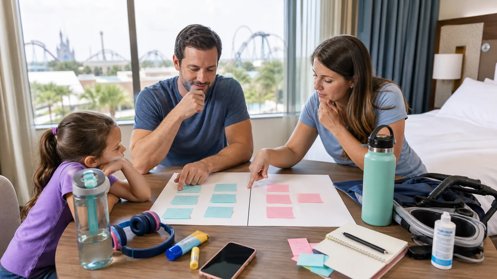 A family comparing two theme park day plans in an Orlando hotel room with water bottles, headphones, sunscreen, stroller gear, and color-coded notes.