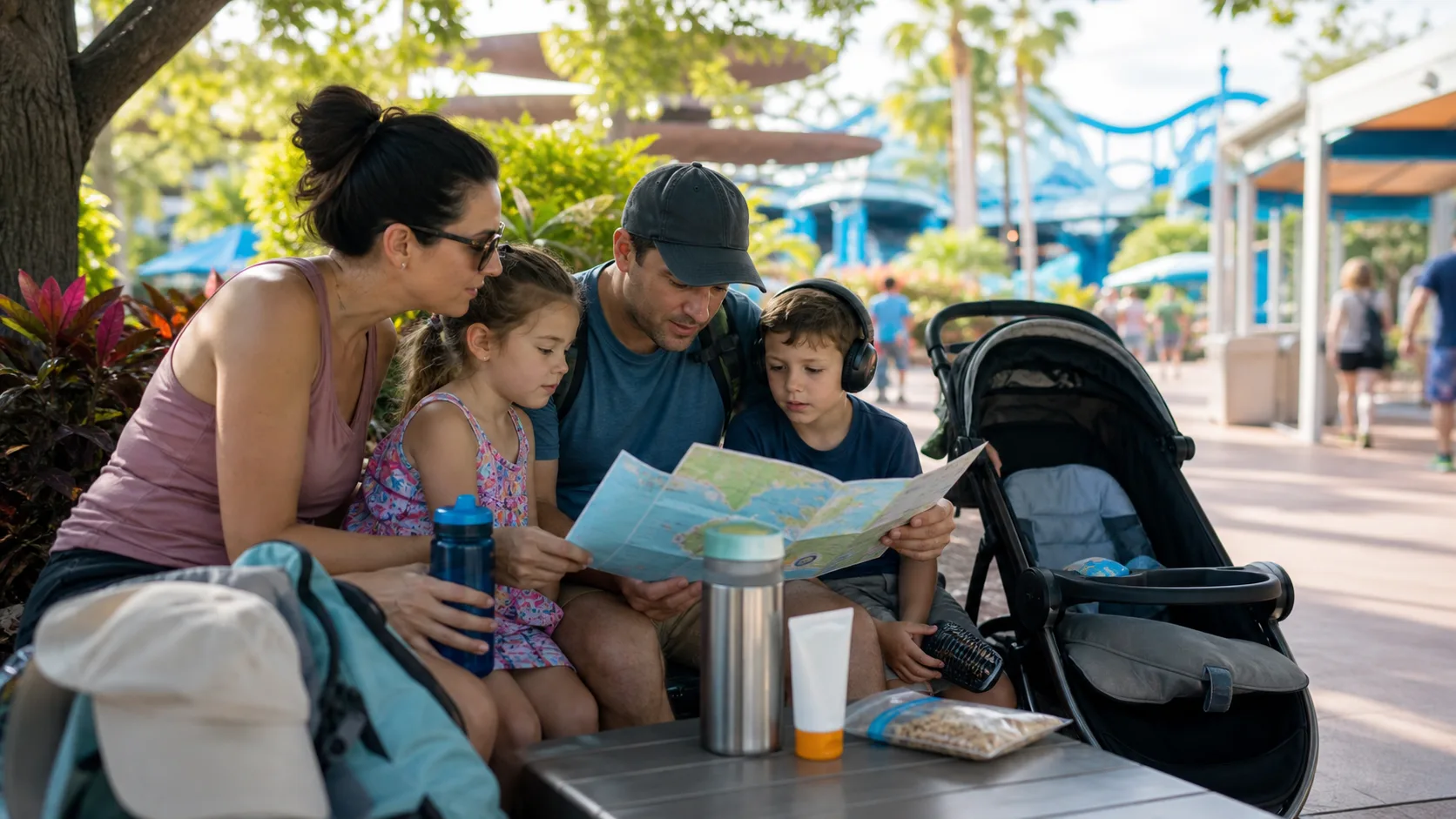 Family planning a calmer theme park day with breaks and shade.