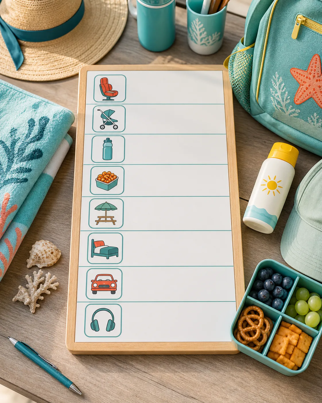 A theme park day checklist with show times, breaks, shade, water, and nearby hotel notes.