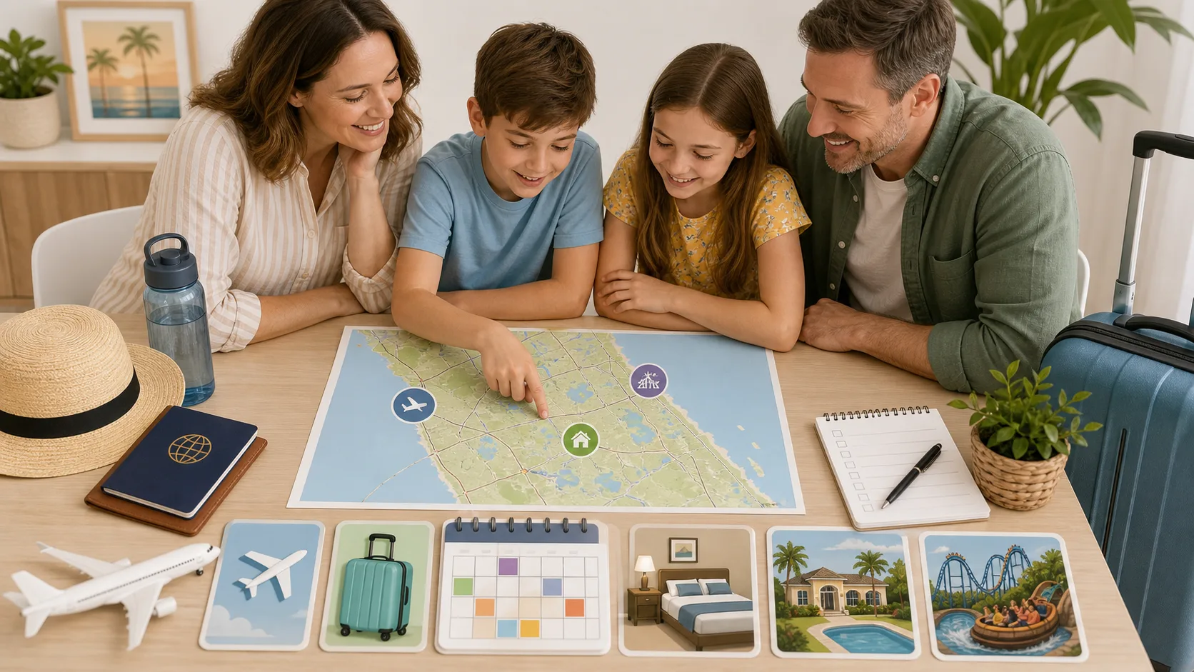 A UK family planning an Orlando holiday with a Central Florida map, suitcase, airplane, hotel, villa, ride icons, and a rest-day calendar.