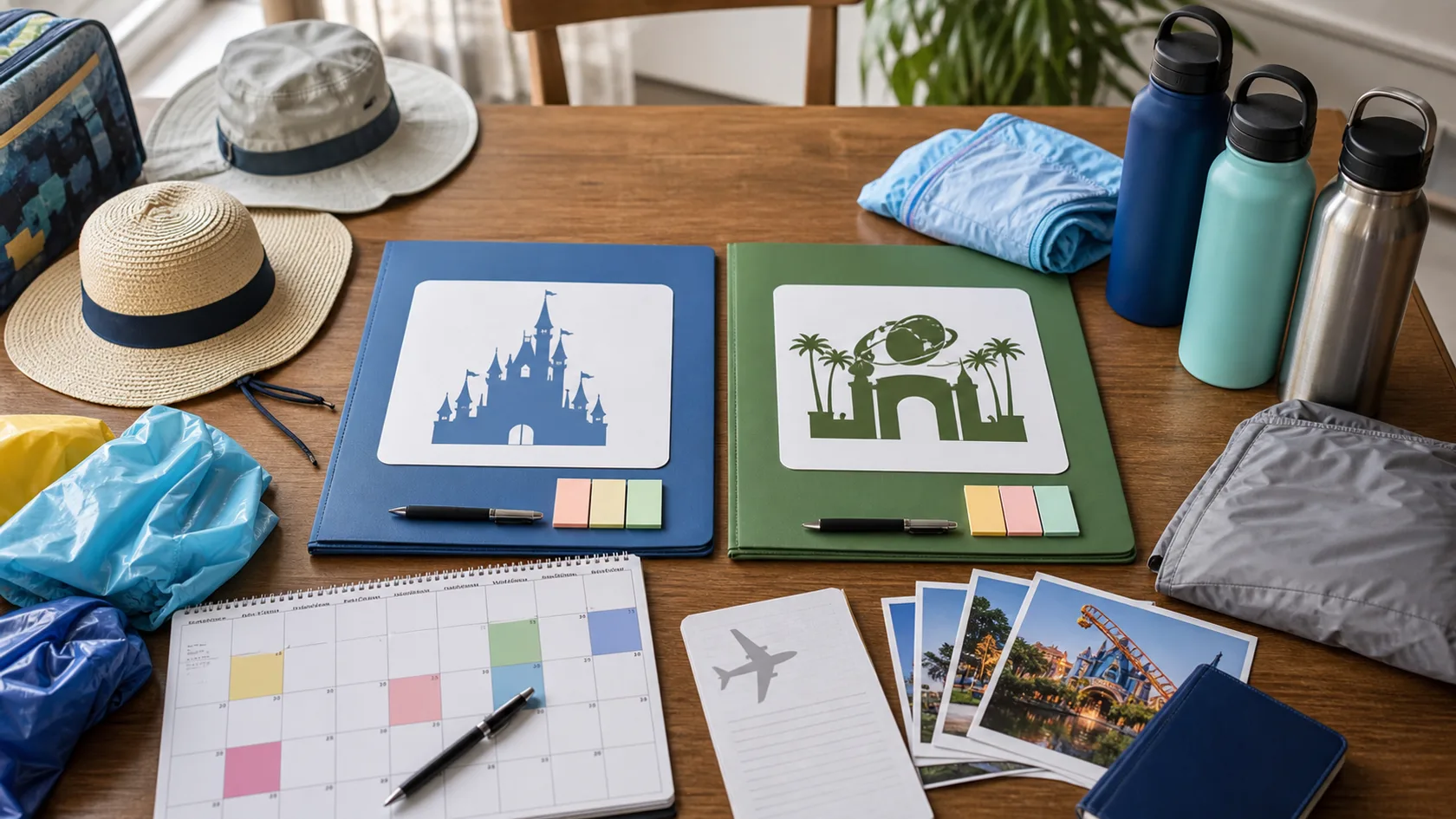 A UK family holiday planning table comparing two generic theme park folders with hats, ponchos, water bottles, a calendar, and long-haul flight notes.
