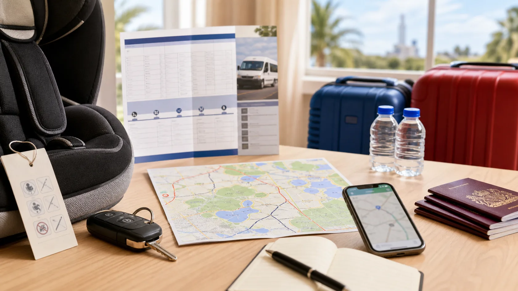 A UK Orlando transport planning table with child car seat, rental car key, shuttle timetable, suitcases, passports, phone map, and water bottles.