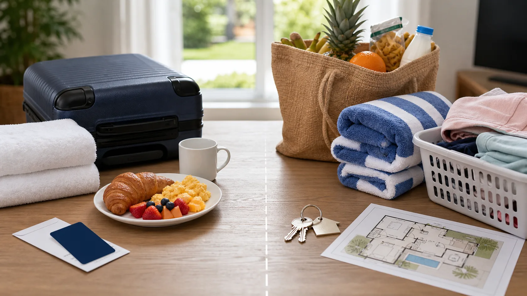 A UK family Orlando accommodation comparison table with hotel breakfast items and suitcase on one side, villa keys, groceries, pool towels, laundry, and a floor plan on the other.
