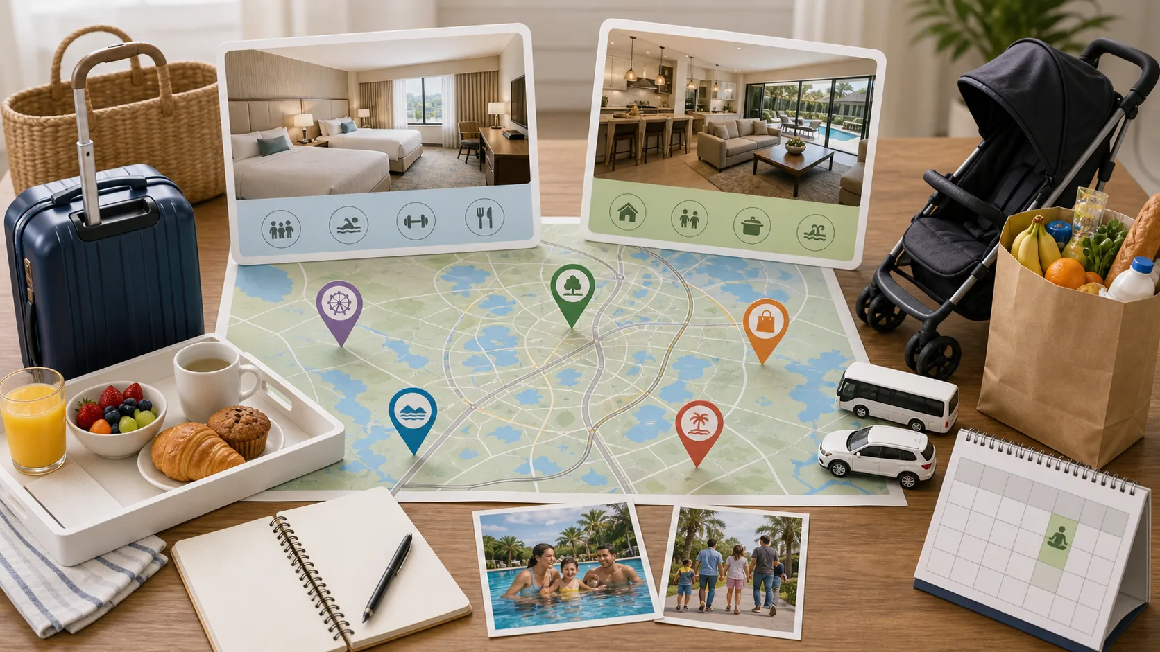 An Orlando accommodation planning map with hotel, villa, shuttle, car, breakfast, groceries, stroller, and rest-day symbols for UK families.