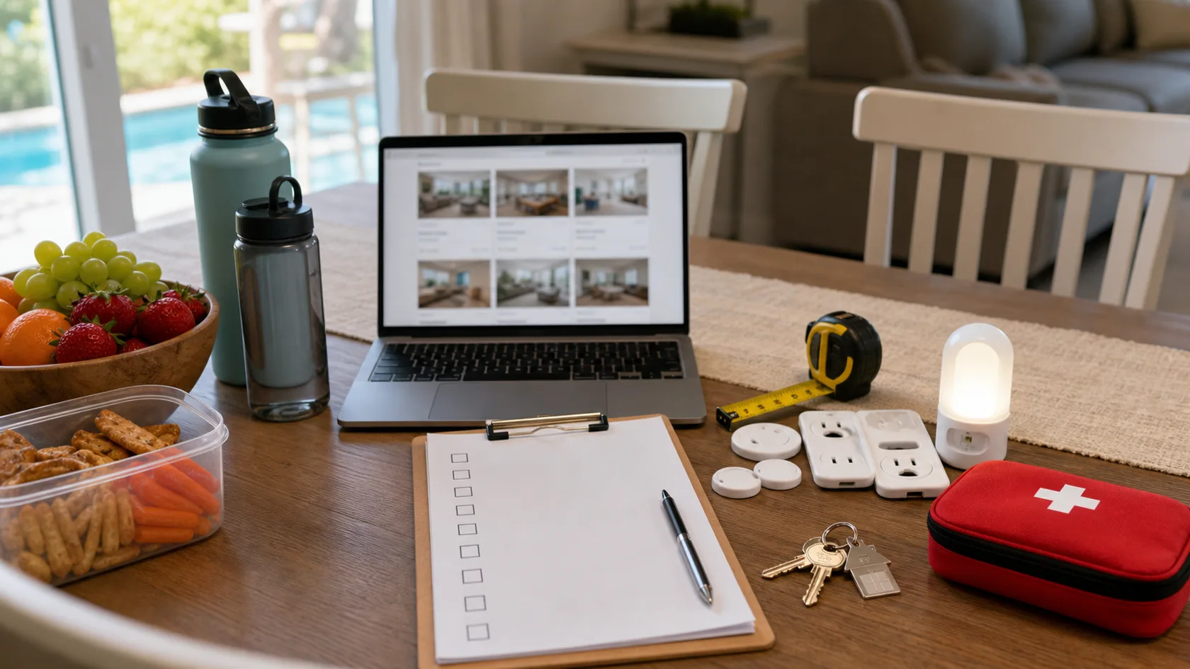 A vacation rental booking checklist on a dining table with a laptop, outlet covers, night light, tape measure, first aid pouch, snacks, water bottles, and house keys.
