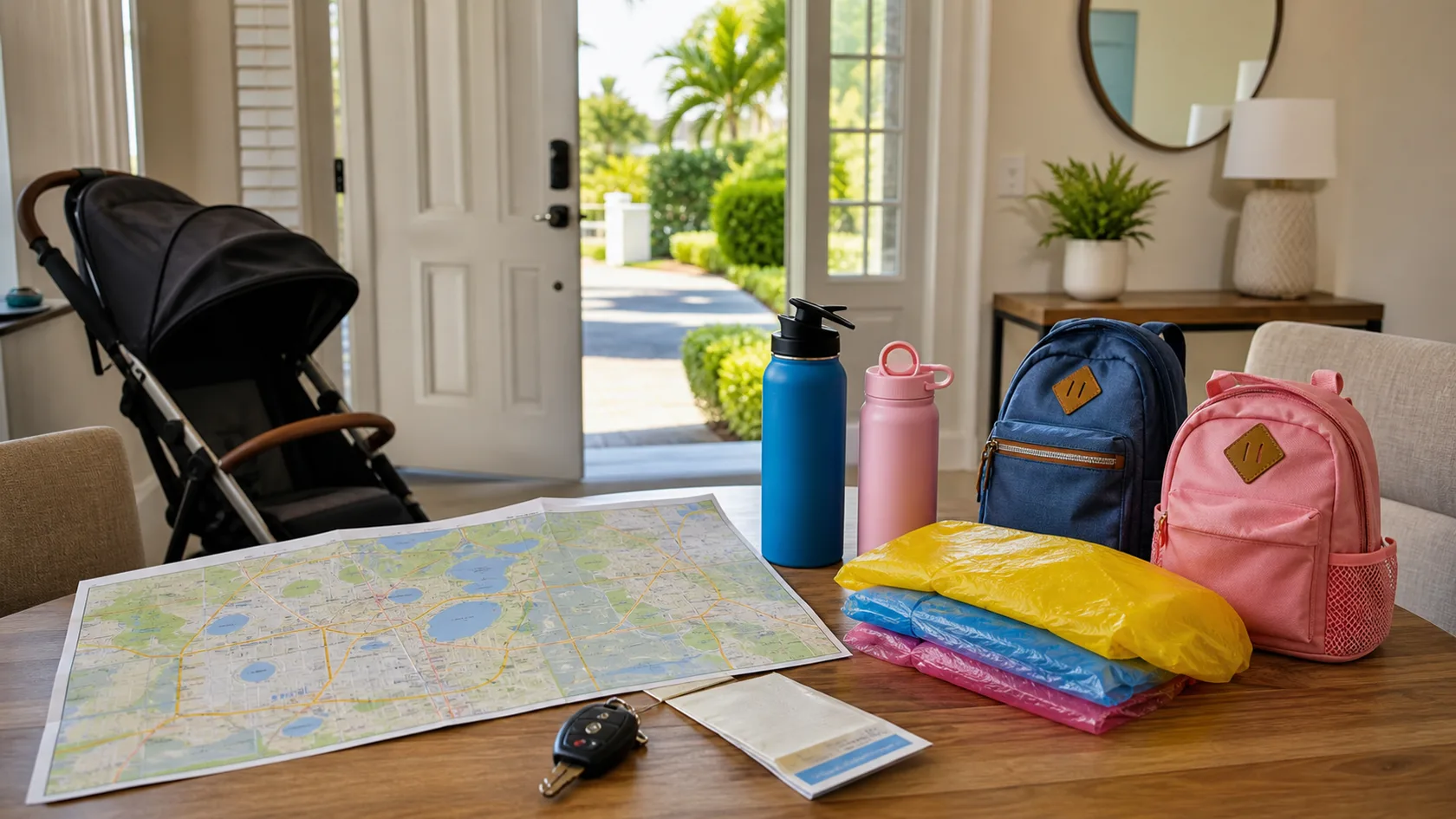 A bright Orlando vacation rental entryway with a stroller, family backpacks, rain ponchos, water bottles, car keys, and a route map for a Disney-area rental stay.