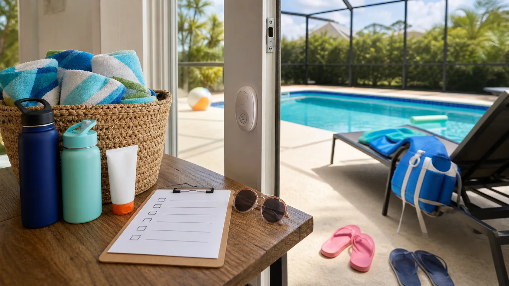 A bright screened Orlando vacation rental pool patio with towels, water bottles, sunscreen, sandals, and a visible door alarm for family pool safety planning.