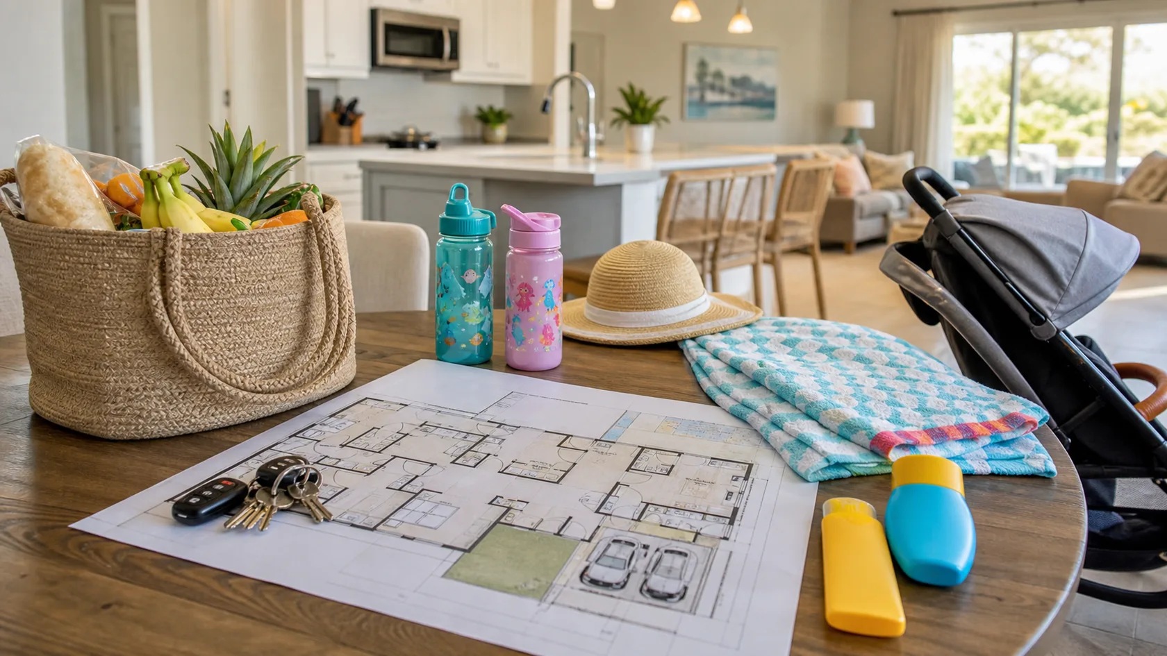 A bright Orlando vacation rental kitchen table with a floor plan, stroller, grocery bag, water bottles, sunscreen, towels, and car keys for comparing villas and condos.