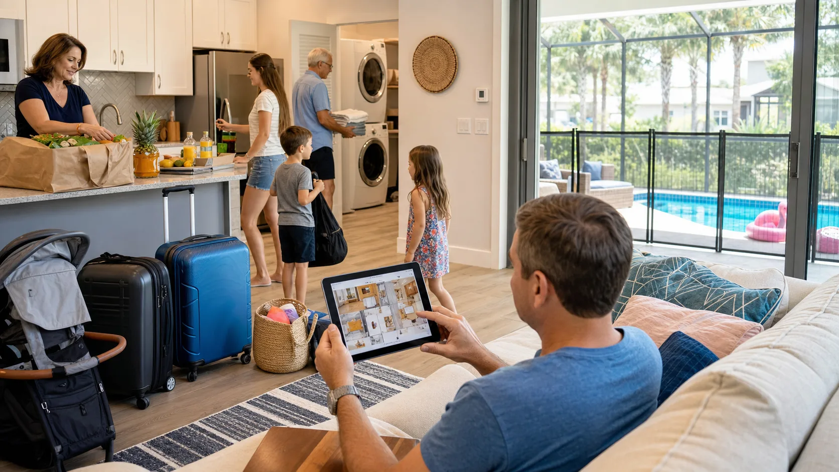 A large family checking an Orlando vacation rental layout with kitchen, laundry, luggage space, stroller storage, and a fenced pool area.